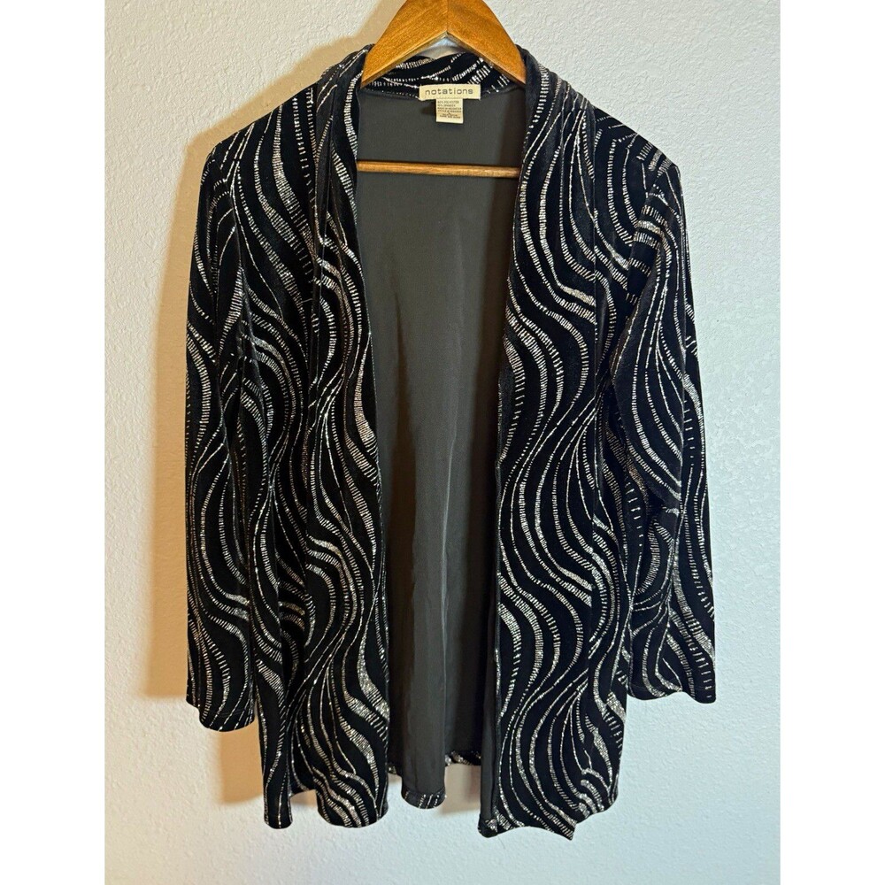 Notations Women’s L Black/Silver Metallic Abstract Open Front Stretch Jacket